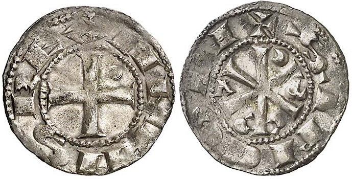 Imagen de la moneda Tipo 17. Dinero de Crismón del taller de Santiago de Compostela