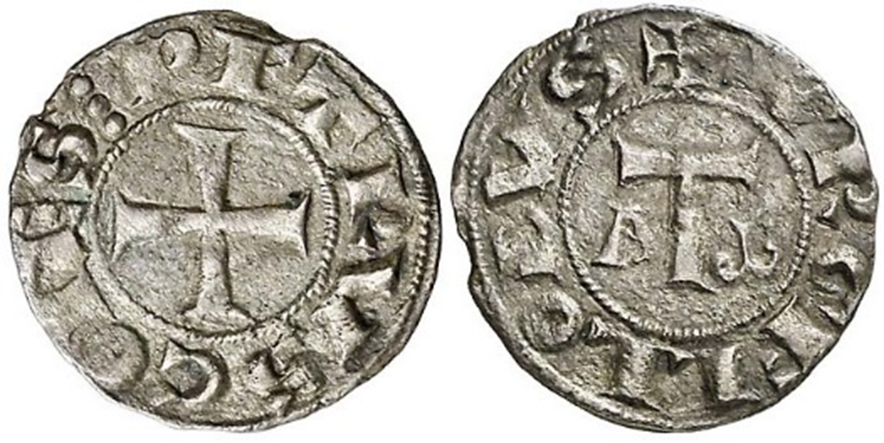 Imagen de la moneda Tipo 1. Dinero de Urgel, del conde de Carrión y Saldaña: don Pedro Ansúrez, con letra “Tau”, como tutor de su nieto de su nieto Ermengol VI