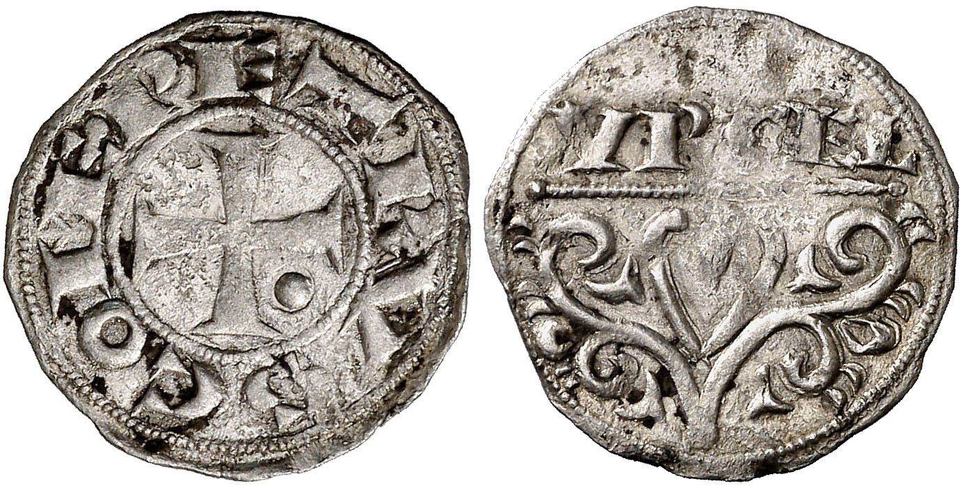 Imagen de la moneda Tipo 2. Dinero de Urgel, del conde de Carrión y Saldaña: don Pedro Ansúrez, con Árbol de la Vida”, como tutor de su nieto Ermengol VI