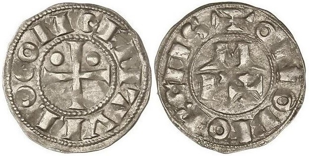 Imagen de la moneda Tipo 1, de Bearn. Dinero del Vizconde Céntulo V de Bearn, utilizado en el reino de Aragón