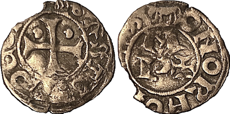 Imagen de la moneda Tipo 3, de Bearn. Dinero del Vizconde Gastón IV de Bearn, utilizados en el reino de Aragón