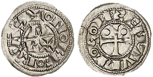 Imagen de la moneda Tipo 4, de Bearn. Meaja del Vizconde Céntulo V de Bearn, utilizada en el reino de Aragón