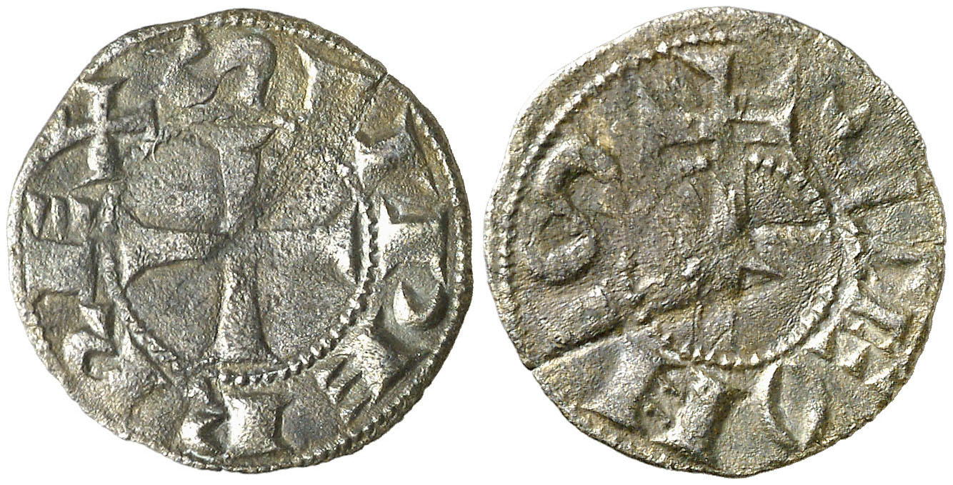 Imagen de la moneda Tipo 55. Dinero de la Cruz de la Victoria simplificada, con lema “Svper Rex”