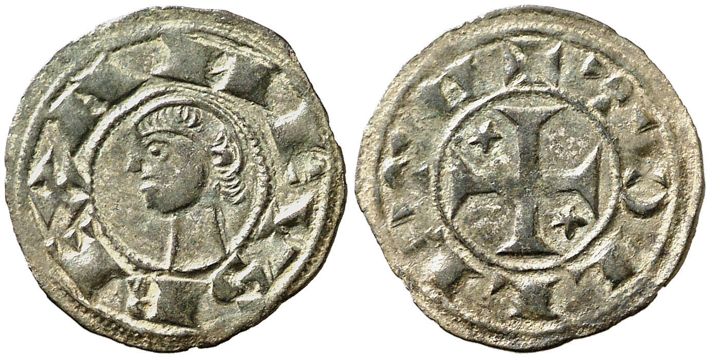 Imagen de la moneda Tipo 30. Dinero toledano de buena técnica con leyenda “Tolleta”, y con estrellas de cinco puntas en primer y cuarto cuadrante