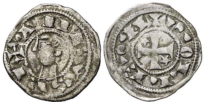 Imagen de la moneda Tipo 31. Meaja toledana de buena técnica con leyenda “Tolleta”, y con estrellas de cinco puntas en primer y cuarto cuadrante