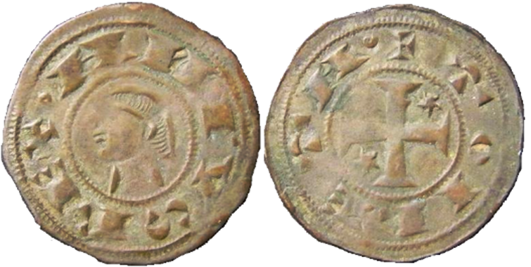 Imagen de la moneda Tipo 32. Dinero toledano de buena técnica con leyenda “Tolleta”, y con estrellas de cinco puntas en segundo y tercer cuadrante