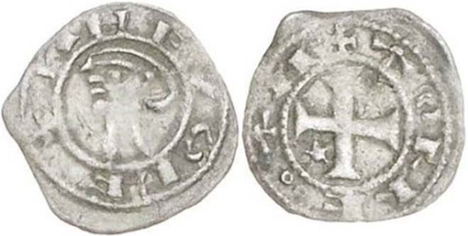 Imagen de la moneda Tipo 33. Meaja toledana de buena técnica con leyenda “Tolleta”, y con estrellas de cinco puntas en segundo y tercer cuadrante