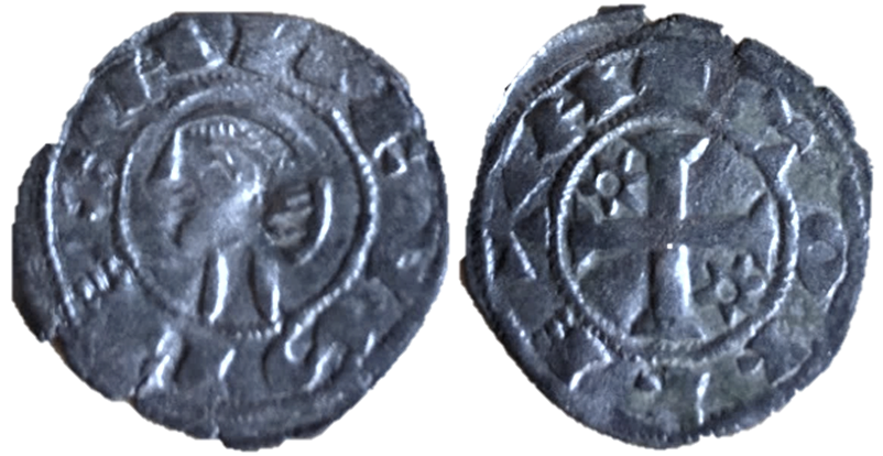 Imagen de la moneda Tipo 34. Dinero previo y posterior a la batalla de Alarcos con leyenda “Tolleta”, con Estrellas de cinco puntas en primer y cuarto cuadrante