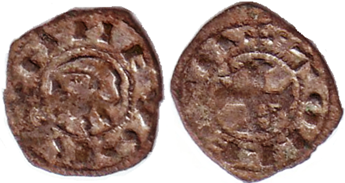 Imagen de la moneda Tipo 35. Meaja previa y posterior a la batalla de Alarcos con leyenda “Tolleta”, con Estrellas de cinco puntas en primer y cuarto cuadrante