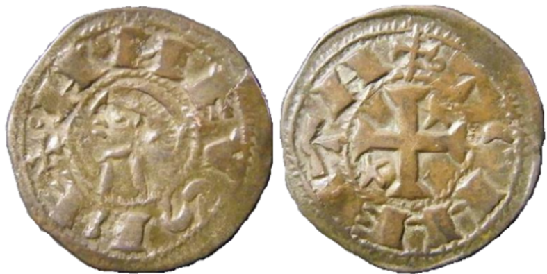 Imagen de la moneda Tipo 36. Dinero previo y posterior a la batalla de Alarcos con leyenda “Tolleta”, con Estrellas de cinco puntas en segundo y tercer cuadrante