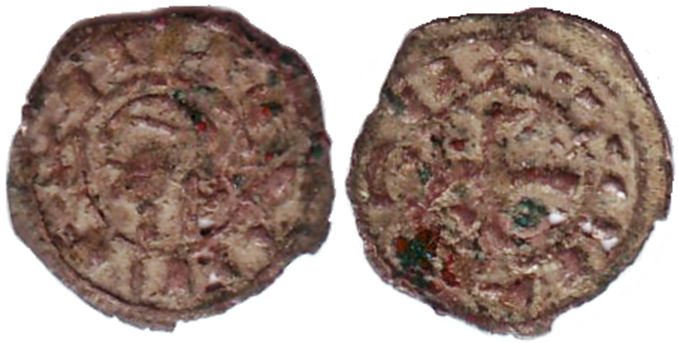 Imagen de la moneda Tipo 37. Meaja previa y posterior a la batalla de Alarcos con leyenda “Tolleta”, con Estrellas de cinco puntas en segundo y tercer cuadrante