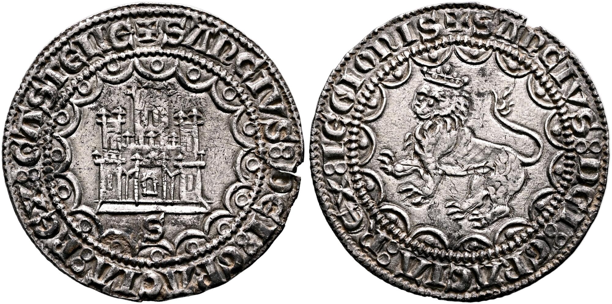 Imagen de la moneda Tipo 6. “Divisor de la Moneda de Plata” Sanchiana de castillo y león en medios compases