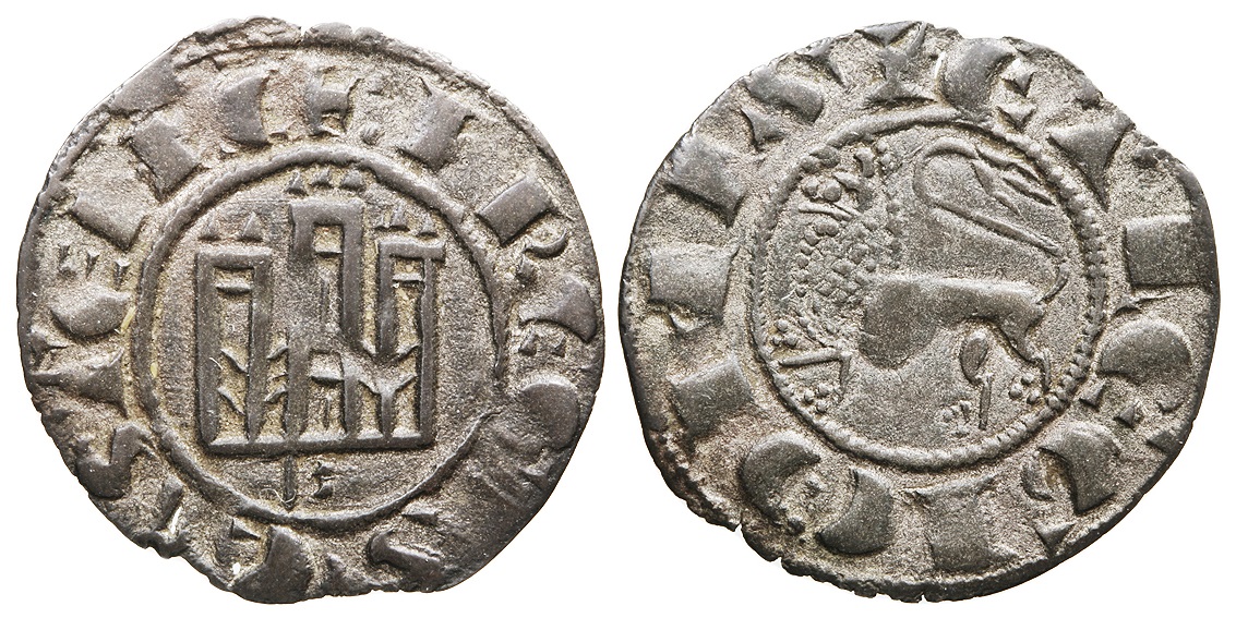 Imagen de la moneda Tipo 1. Dinero fernandino con Castillo y León y con lema “F Regis”