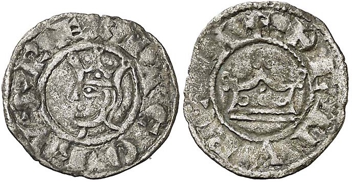 Imagen de la moneda Tipo 1 del Rey Jaime II de Aragón. Dinero del rey “Iacobvs de Murcia”