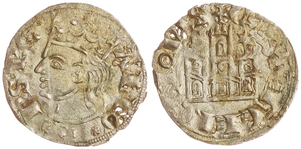 Imagen de la moneda Tipo 2. Dinero Coronado de perfil y sin gráfilas, del Rey Alfonso de Castilla y León