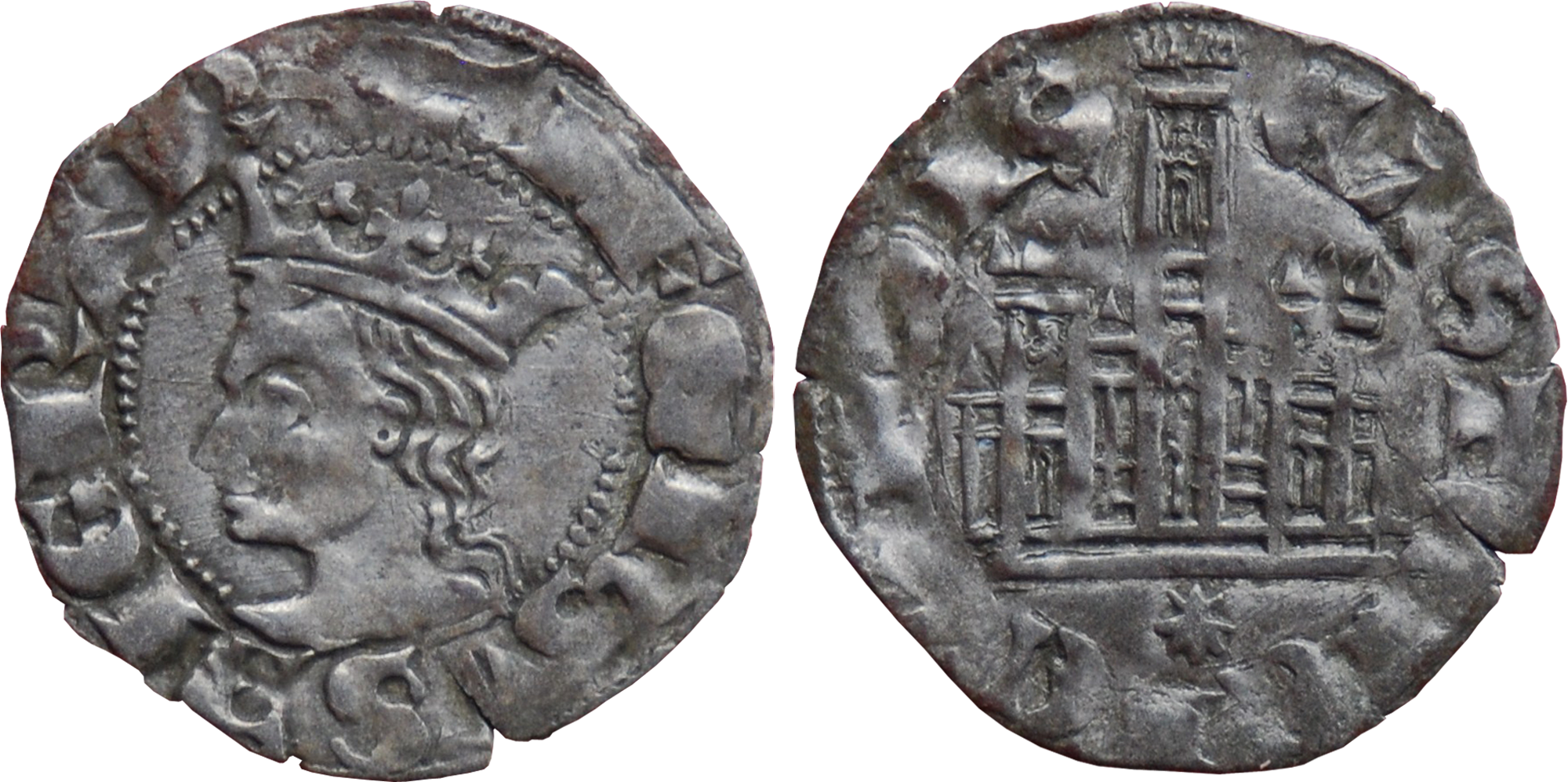 Imagen de la moneda Tipo 3. Dinero Coronado de perfil y con gráfila en anverso de Coruña, del Rey Alfonso de Castilla y León