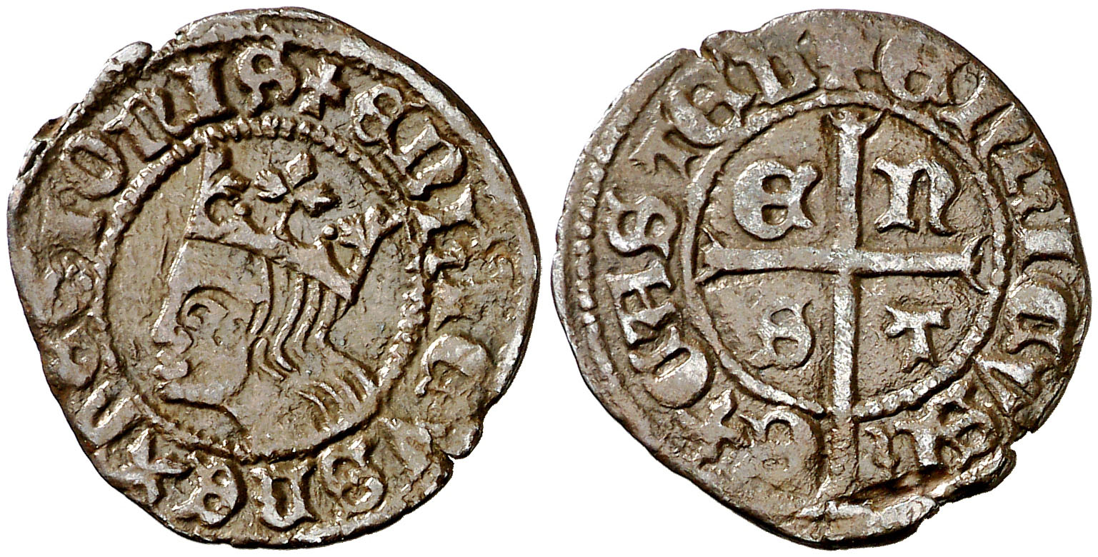 Imagen de la moneda Tipo 11. Cruzado con Busto de rey a izquierda