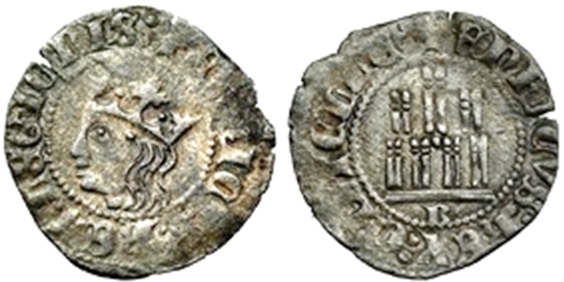 Imagen de la moneda Tipo 18. Cruzado o Real de vellón burgalés con gráfila en ambas caras, con busto de Rey de perfil a izquierda y Castillo
