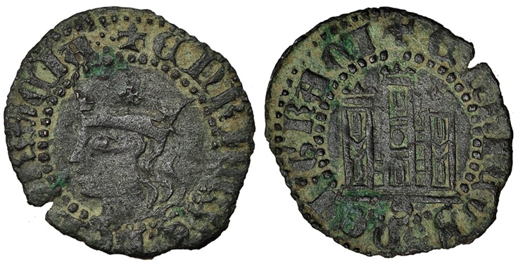 Imagen de la moneda Tipo 19. Cornado con gráfila en ambas caras, con busto de Rey de perfil a izquierda y Castillo