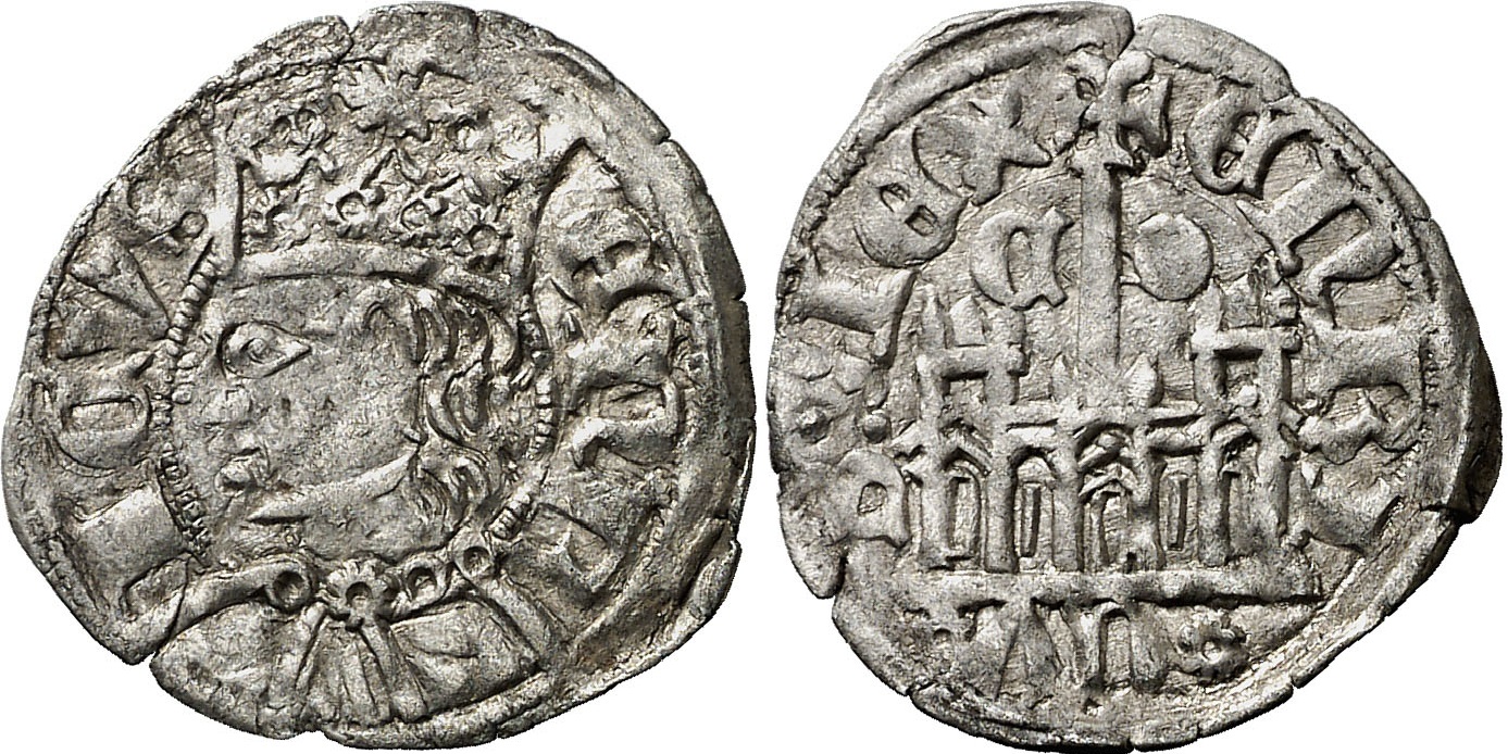 Imagen de la moneda Tipo 20. Coronado con busto de Rey de perfil y con gráfila o sin ella en anverso, y Castillo en reverso