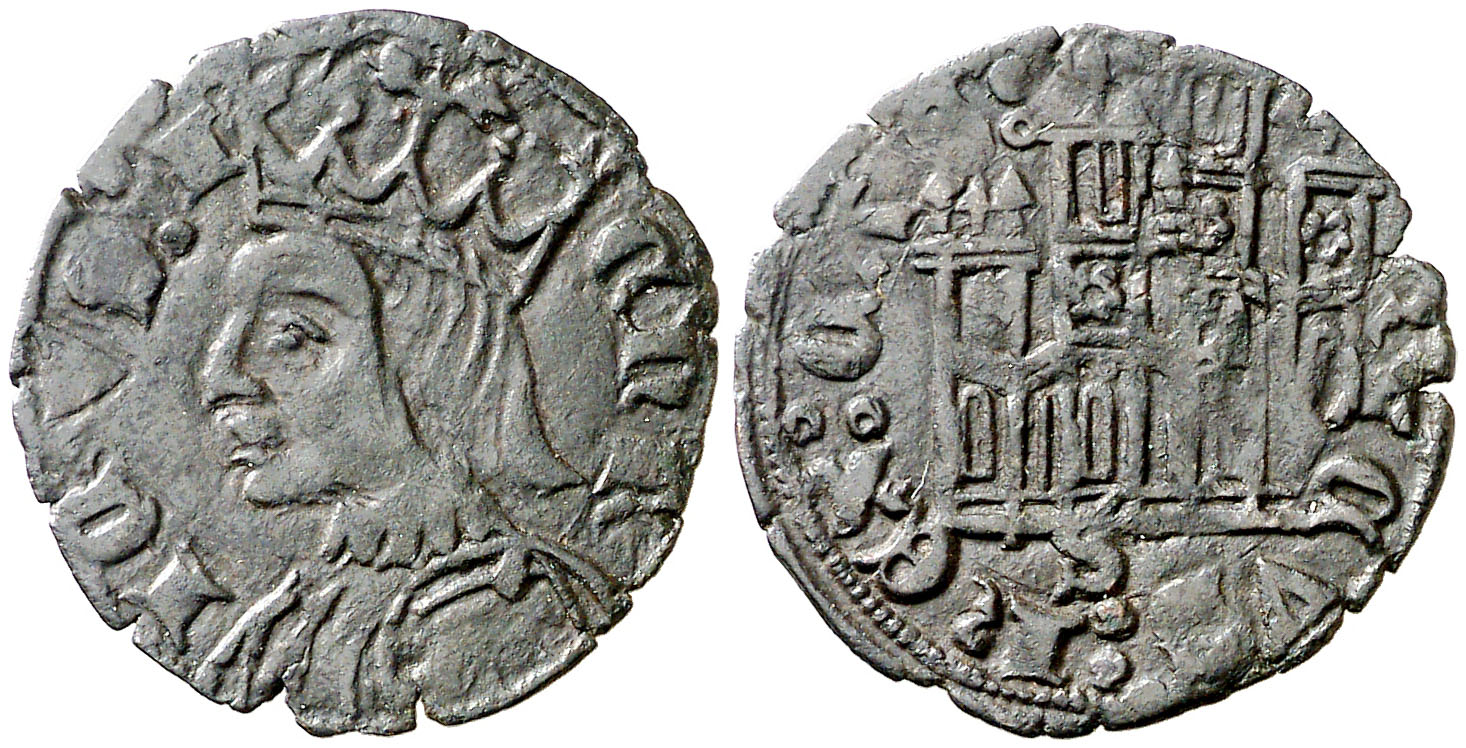 Imagen de la moneda Tipo 21. Coronado sevillano con busto de Rey de perfil y con gráfila o sin ella en anverso, y Castillo en reverso