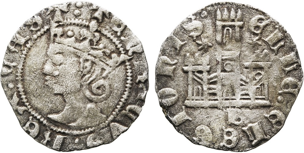 Imagen de la moneda Tipo 25. Cornado de las Cortes de Toro de 1373, con busto de rey de frente y castillo, con o sin gráfilas