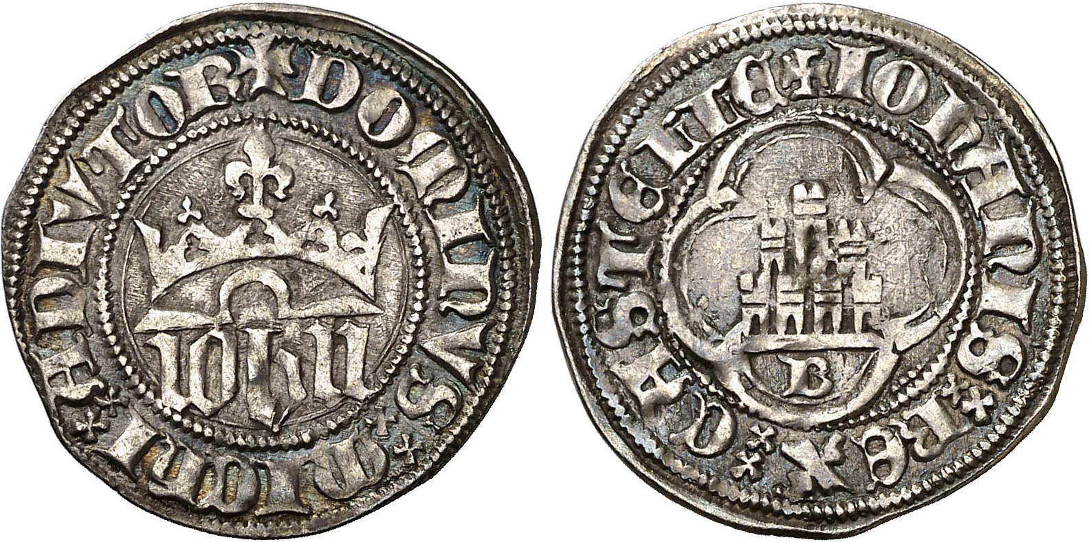 Imagen de la moneda Tipo 2. Medio Real de plata con nombre “Iohn” coronado