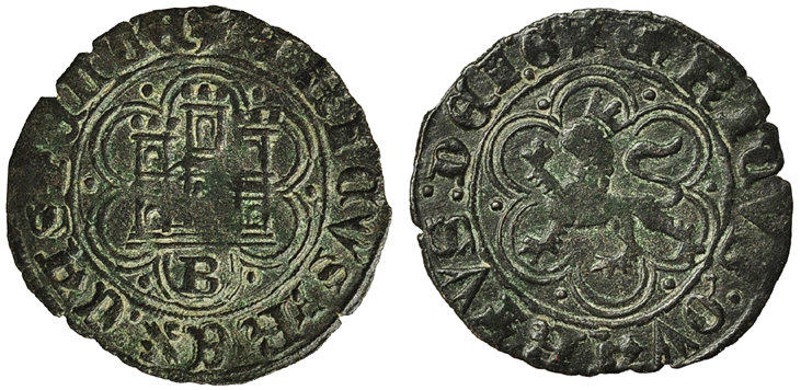 Imagen de la moneda Tipo 23. Blanca de vellón con castillo y león, con lóbulos del Ordenamiento de Madrid de 1462.