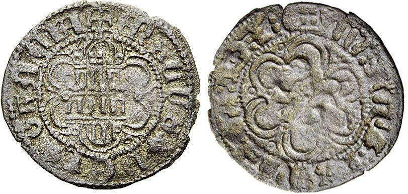 Imagen de la moneda Tipo 24. Media Blanca de vellón con castillo y león, con lóbulos del Ordenamiento de Madrid de 1462