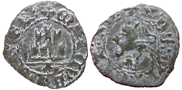 Imagen de la moneda Tipo 34. Media Blanca del Ordenamiento con castillo y león, sin gráfila de lóbulos