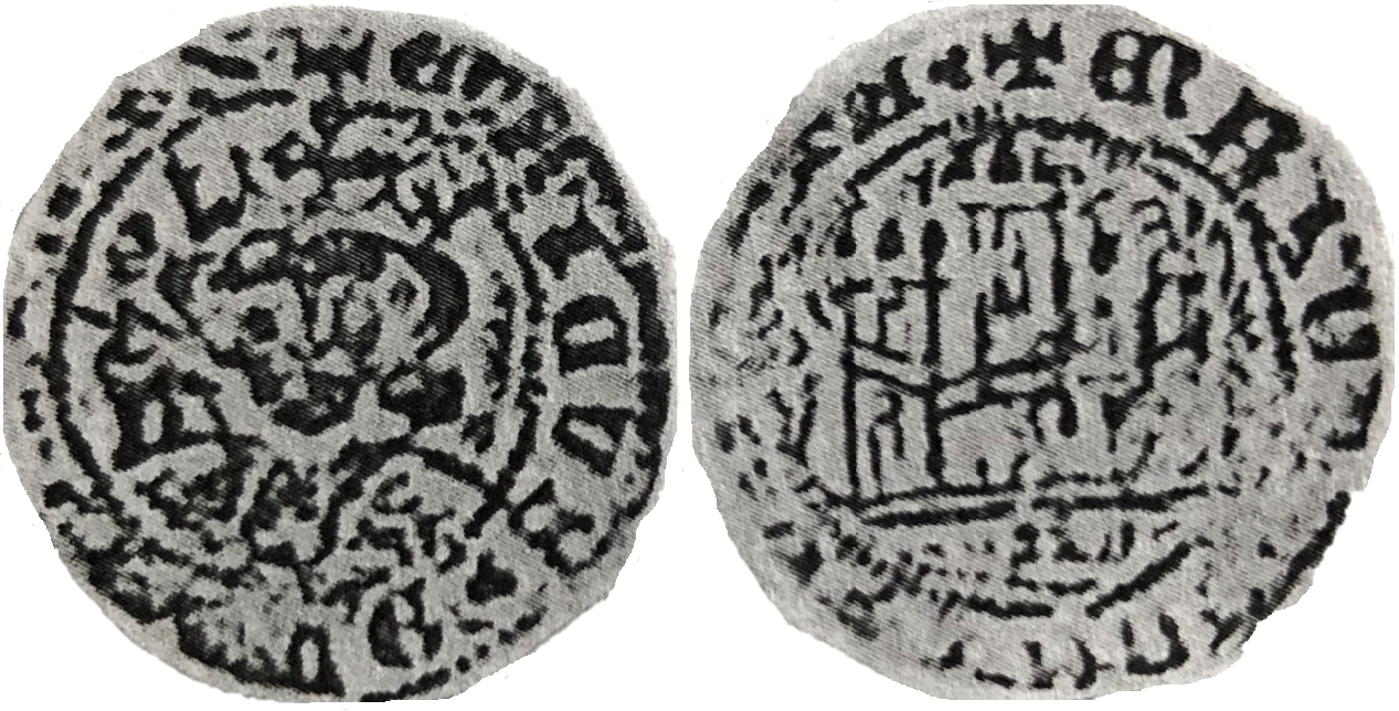 Imagen de la moneda Tipo 4. Medio Quarto de busto de rey de frente del Ordenamiento de Aranda de Duero de 1461, con letra “P” Coronada