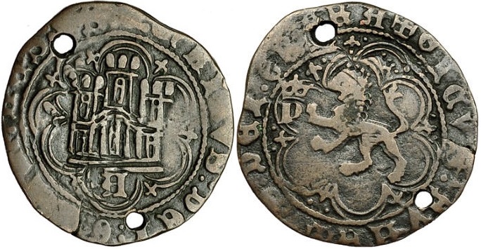 Imagen de la moneda Tipo 6. Blanca enriqueña de castillo y león del Ordenamiento de Madrid de 1462, con letra “P” Coronada
