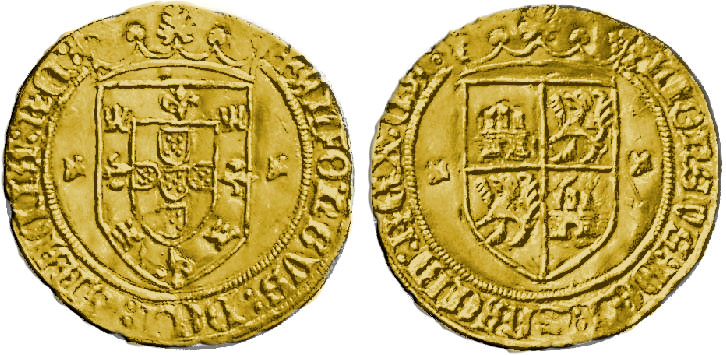 Imagen de la moneda Tipo 1. Escudo de Oro con Emblemas de Portugal y Castilla
