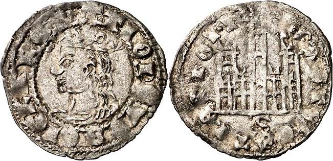 Tipo 4. Dinero Coronado de perfil y con gráfila en anverso de Sevilla, del Rey Alfonso de Castilla y León - Imagen 1