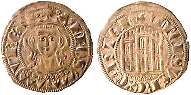 Tipo 5. Dinero Coronado de frente y con gráfila del Rey Alfonso de Castilla y León - Imagen 1