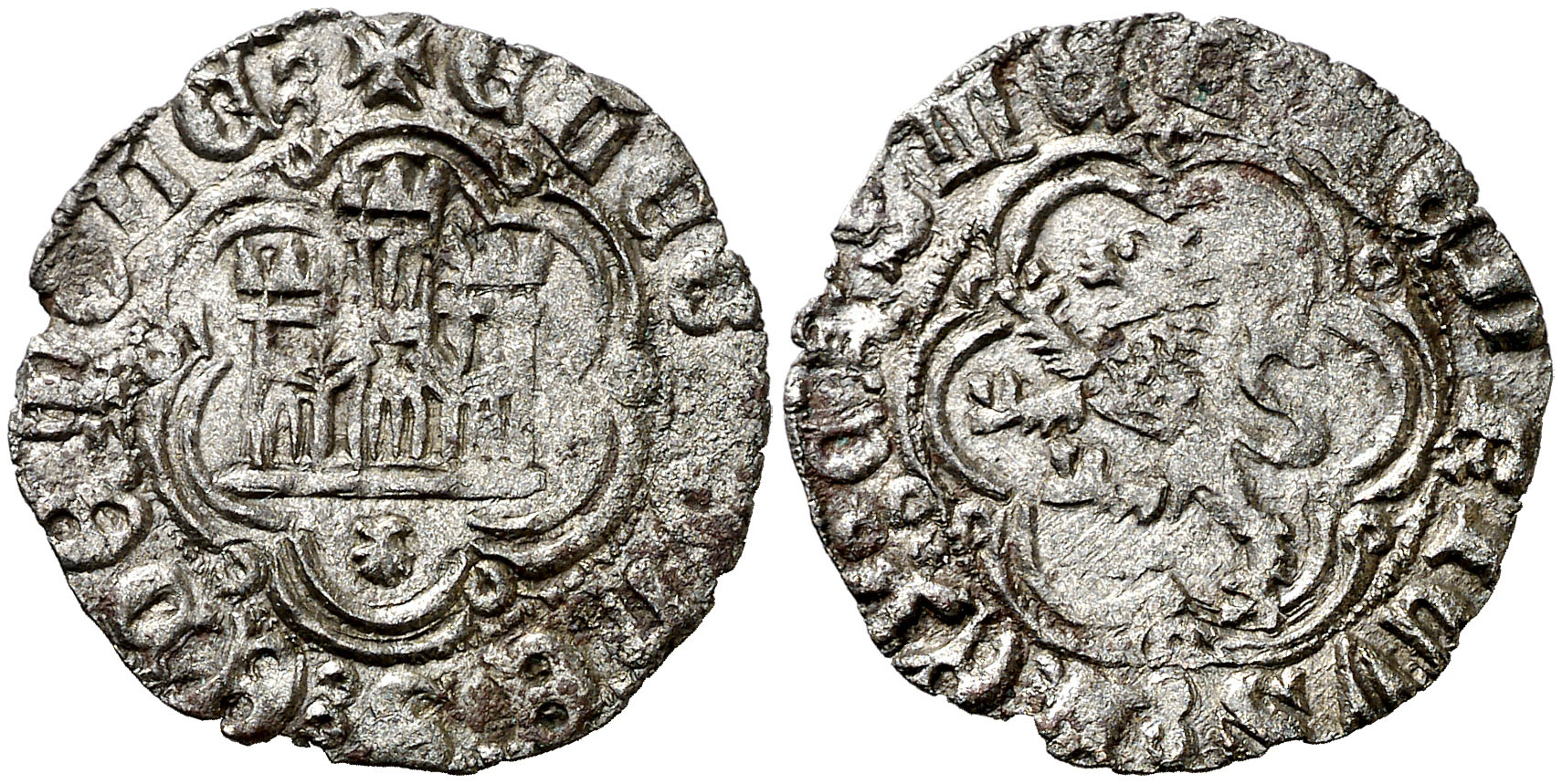 Imagen de la moneda Tipo 1. Blanca de vellón con Castillo y León en orla polilobulada