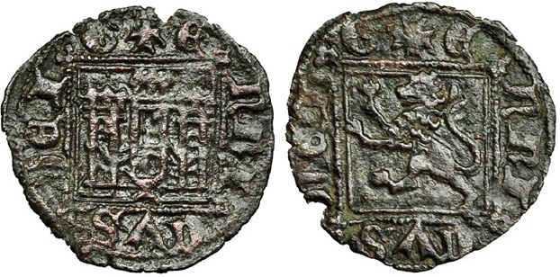 Imagen de la moneda Tipo 2. “Dinero llano” del Ordenamiento de Cuenca, con Castillo y León sin coronar en orla cuadrada