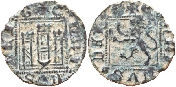 Tipo 2. “Dinero llano” del Ordenamiento de Cuenca, con Castillo y León sin coronar en orla cuadrada