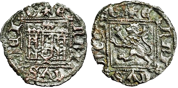 Tipo 2. “Dinero llano” del Ordenamiento de Cuenca, con Castillo y León sin coronar en orla cuadrada