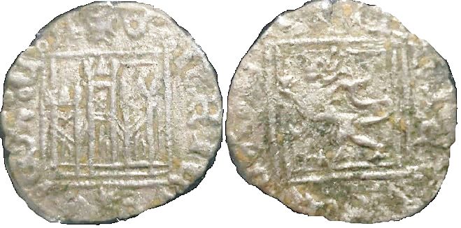 Tipo 2. “Dinero llano” del Ordenamiento de Cuenca, con Castillo y León sin coronar en orla cuadrada