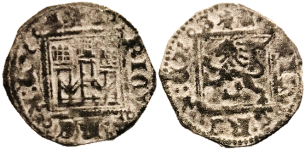 Tipo 2. “Dinero llano” del Ordenamiento de Cuenca, con Castillo y León sin coronar en orla cuadrada