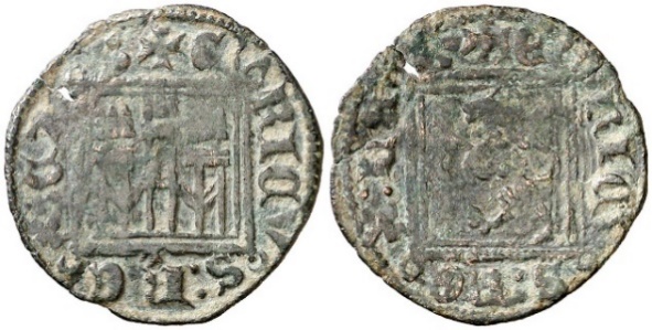 Tipo 2. “Dinero llano” del Ordenamiento de Cuenca, con Castillo y León sin coronar en orla cuadrada