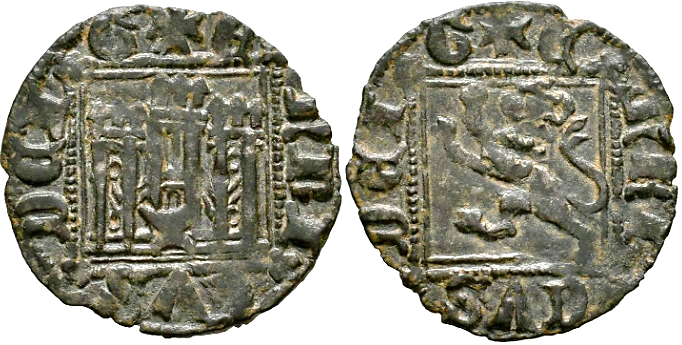 Tipo 2. “Dinero llano” del Ordenamiento de Cuenca, con Castillo y León sin coronar en orla cuadrada