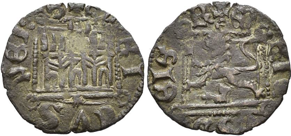 Tipo 2. “Dinero llano” del Ordenamiento de Cuenca, con Castillo y León sin coronar en orla cuadrada