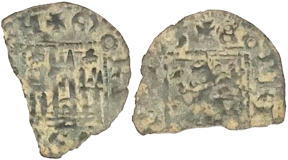 Tipo 2. “Dinero llano” del Ordenamiento de Cuenca, con Castillo y León sin coronar en orla cuadrada