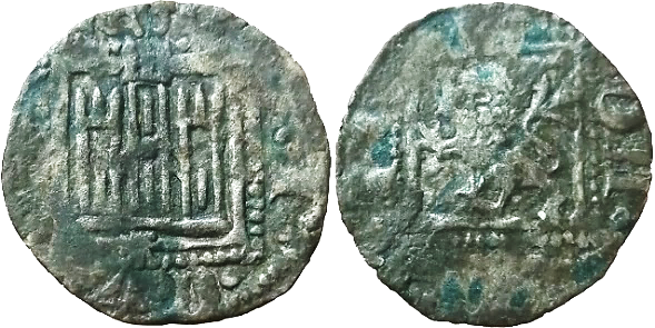 Tipo 2. “Dinero llano” del Ordenamiento de Cuenca, con Castillo y León sin coronar en orla cuadrada