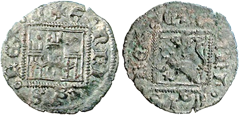 Tipo 2. “Dinero llano” del Ordenamiento de Cuenca, con Castillo y León sin coronar en orla cuadrada