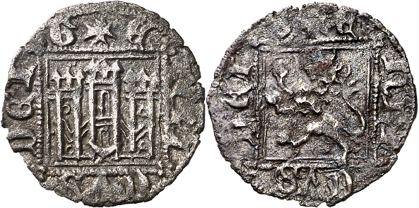 Tipo 2. “Dinero llano” del Ordenamiento de Cuenca, con Castillo y León sin coronar en orla cuadrada