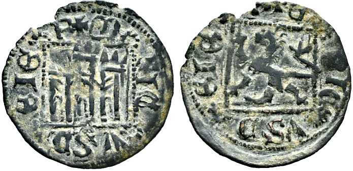 Tipo 2. “Dinero llano” del Ordenamiento de Cuenca, con Castillo y León sin coronar en orla cuadrada