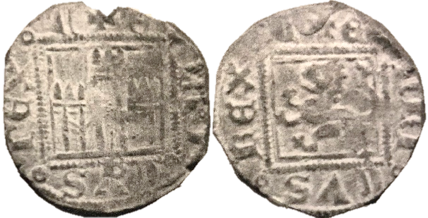 Tipo 2. “Dinero llano” del Ordenamiento de Cuenca, con Castillo y León sin coronar en orla cuadrada